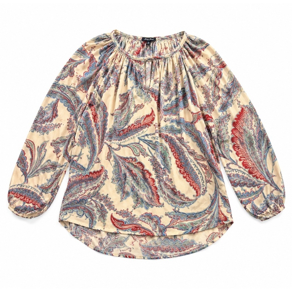 Chaps Womens 2X Paisley Peasant Blouse Blue Red Cream 3/4 Sleeve Plus Size Top